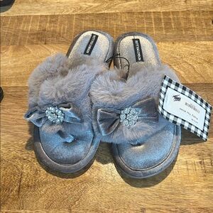 Gray womens slippers with Bow and Gem Detail